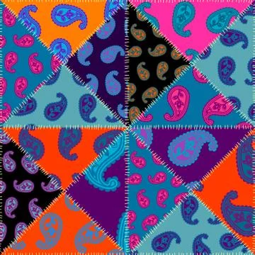 Patchwork pattern with Paisley ornament patterns. Bright magenta and orange c 스톡 일러스트