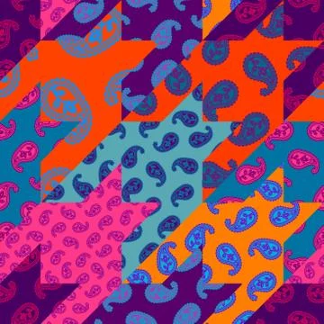 Patchwork pattern with Paisley ornament patterns. Bright magenta and orange c 스톡 일러스트