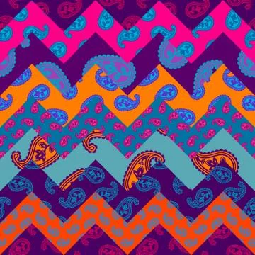 Patchwork pattern with Paisley ornament patterns. Bright magenta and orange c Stockillustratie