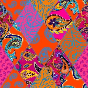 Patchwork pattern with Paisley ornament patterns. Bright magenta and orange c Illustrazione stock