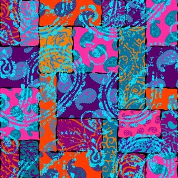 Patchwork pattern with Paisley ornament patterns. Bright magenta and orange c 스톡 일러스트