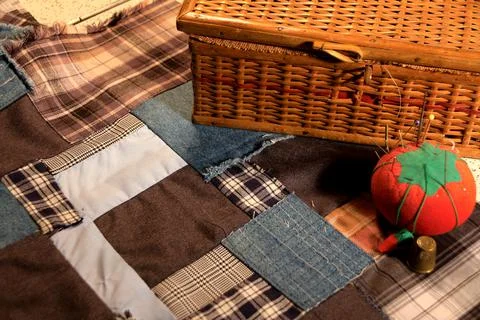 Patchwork Quilt and Sewing Box Stock Photos