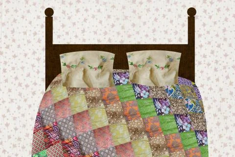 Patchwork quilt on bed Stock Illustration