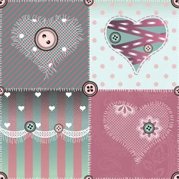 Patchwork quilt with hearts and lace. Illustrazione stock