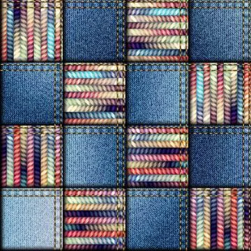 Patchwork quilt from scraps of denim and knit イラスト素材