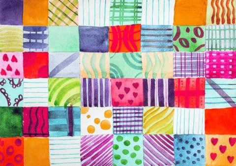 Patchwork quilt. Set of colorful prints patterns watercolor drawing Stock Illustration