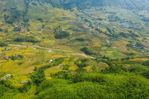 Patchwork rice terraces and river, Sapa valley 库存照片