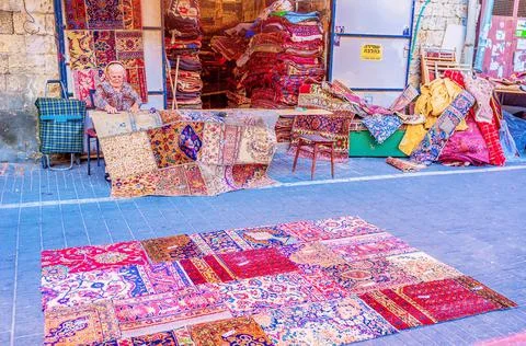 The patchwork rugs at rug shop in Tel Aviv, Israel Stock-Fotos