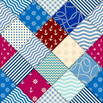Patchwork seamless pattern in marine style. Vector image. Stock Illustration