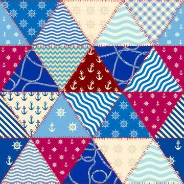 Patchwork seamless pattern in marine style. Vector image. 스톡 일러스트