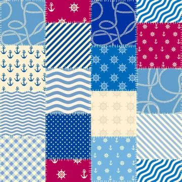 Patchwork seamless pattern in marine style. Vector image. 스톡 일러스트