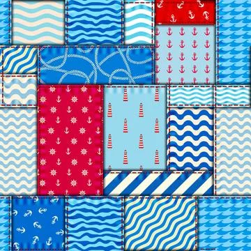 Patchwork seamless pattern in marine style. Art seamless background. Stock Illustration
