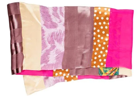 Patchwork silk scarf from narrow cloth pieces handmade sewing patchwork si... Foto stock