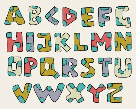 Patchwork stitched alphabet font set fabric sewn letters cartoon vector Stock Illustration