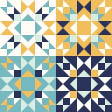 Patchwork style geometric pattern with blue and yellow accents, seamless repe 스톡 일러스트