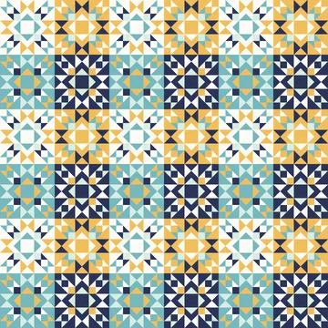 Patchwork style geometric pattern with blue and yellow accents, seamless repe Stock Illustration
