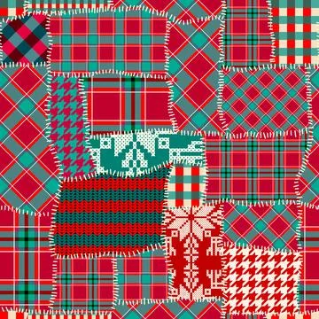 Patchwork textile pattern. Seamless quilting design background. Merry Chris.. 스톡 일러스트