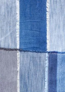 Patchwork from various blue denim flaps close up Foto stock