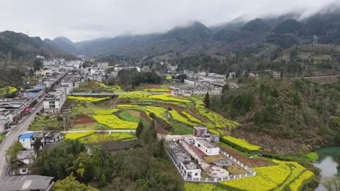 Patchwork of Yellow and Green Fields in Chinese Countryside Aerial Stock-Footage 332315682