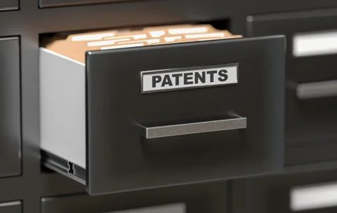 Patent files and documents in cabinet in office. 3D rendered illustration. Illustrazione stock