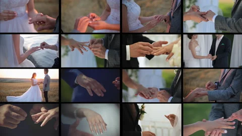 Patern compilation, the bride and groom put on each other's wedding rings 스톡 동영상 124402261