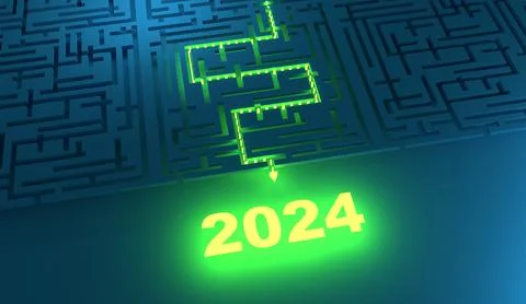 Path to 2024 year across labyrinth. 3D render Illustrazione stock