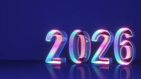 The path to 2026 is illuminated with neon light numbers, with a blue backgr.. 스톡 일러스트