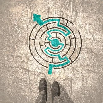 Path across round shape labyrinth. Top view feet of businessman in black shoes. Stockillustratie