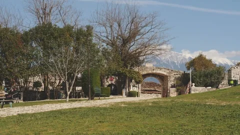 Path and Gate at Landmark Berat Castle in Berat City, Albania, Pan Sho Vídeos de archivo 243347550
