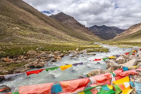 The path around Mount Kailash and a mountain river, kora around Kailash, Tibe Stock Photos