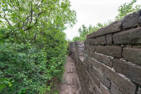 Path between forest and stone wall, walk on the Great Wall Stock Photos