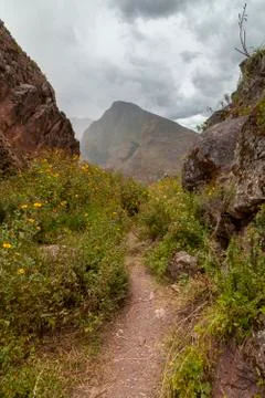 Path between the hills surrounding the Archaeological Park of Pisac, Peru Stock Photos