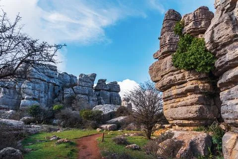 Path between the karstic rocks of the El Torcal de Antequera natural area. Stock Photos