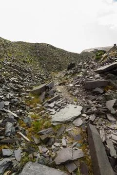 Path between old slate spoil heaps Stock Photos