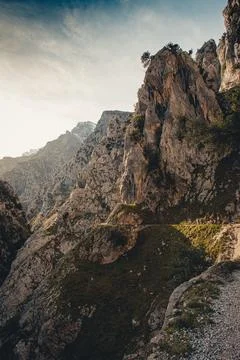 Path between the rocky mountains with the walls filled with green grass Stock Photos