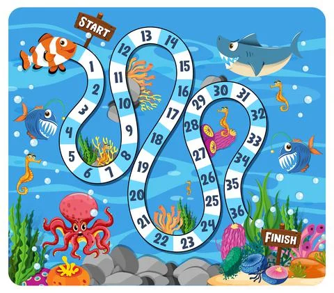 Path board game in underwater theme with sea animals Stock Illustration