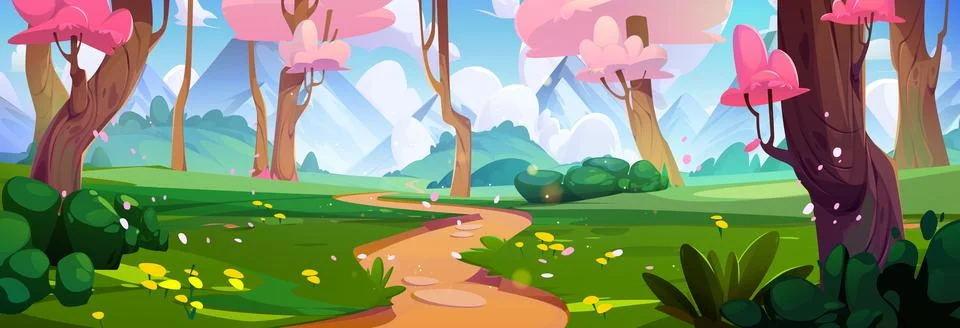Path in cherry forest near mountain background Stock Illustration