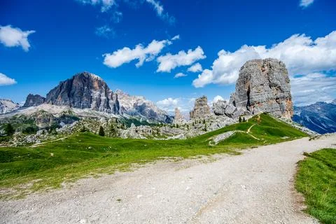 The path to Cinque Torri in summer Stock Photos