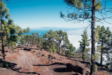 A path on a crest in an arid ridge with breathtaking views of Tenerife Stock Photos