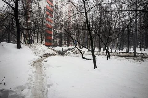 Path in deep snow in the park Stock Photos