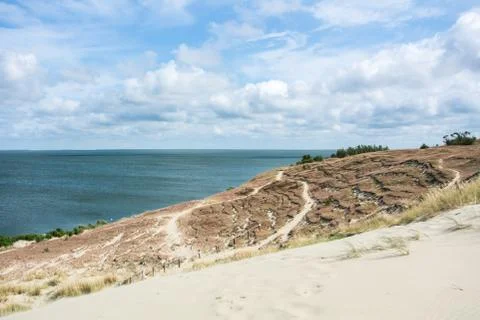 A path at the dune of Nida at Curonian spit and a view to sea, Lithuania. Stock Photos