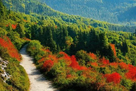 Path in the forest area in the mountains, landscape of the forest and mountai Stock Photos