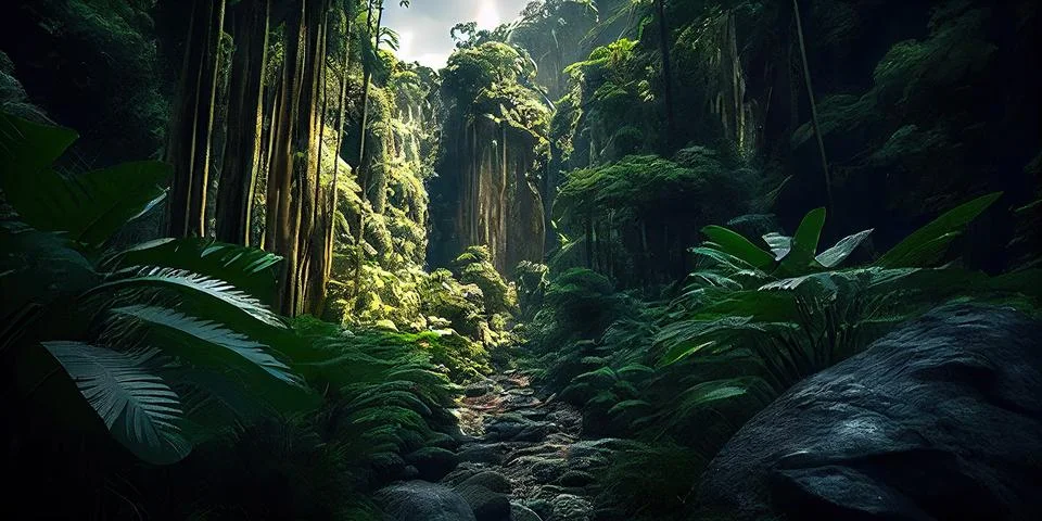 A path in a forest with lots of trees and plants on either side of it matte.. Illustrazione stock