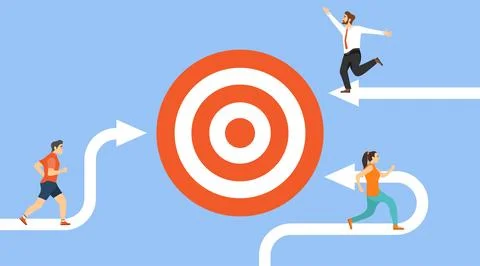 The path to the goal, achieving the goal. A group of people mini characters Stock Illustration