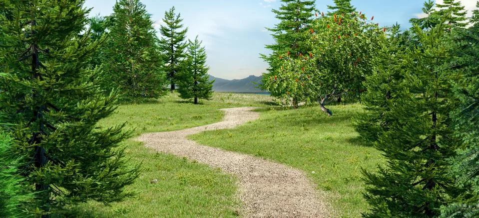 Path in the grass field with pine trees. 3D rendering. Stock Illustration