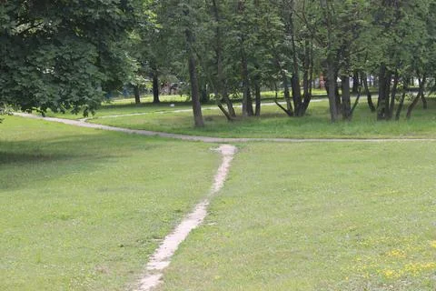 Path in the grass in the park. Green grass with a path. Paths, trees and lu.. Stock Photos