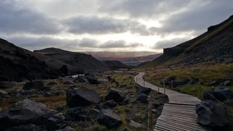 Path to Hengifoss waterfall Stock Photos