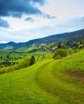 Path on hillside meadow in mountain Stock Photos