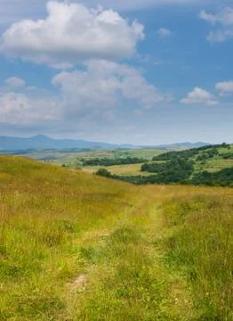 Path on hillside meadow in mountain. Stock Photos