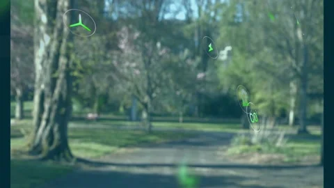 Path holding steady in spring, green blur appearing and spawning AR icons Stock Footage 334114045